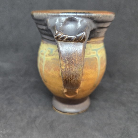Studio Pottery Drip Glaze Thumb Grip Handle Footed Mug Cup Signed - Picture 6 of 15